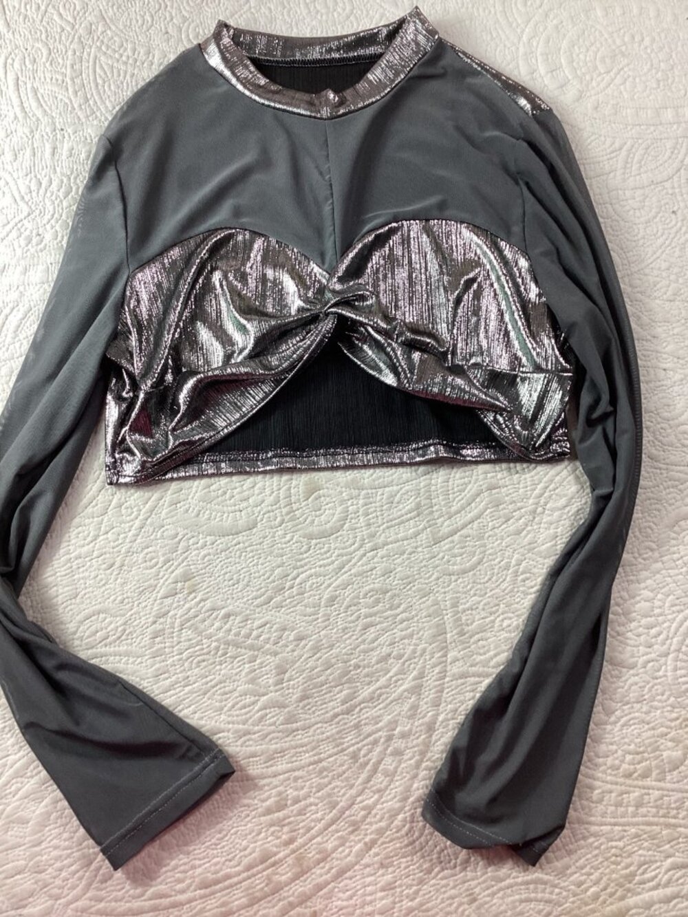 Metallic Silver Mesh L/S Crop Top XL*Twist Front*Halloween*Cosplay*Femboy*Sissy